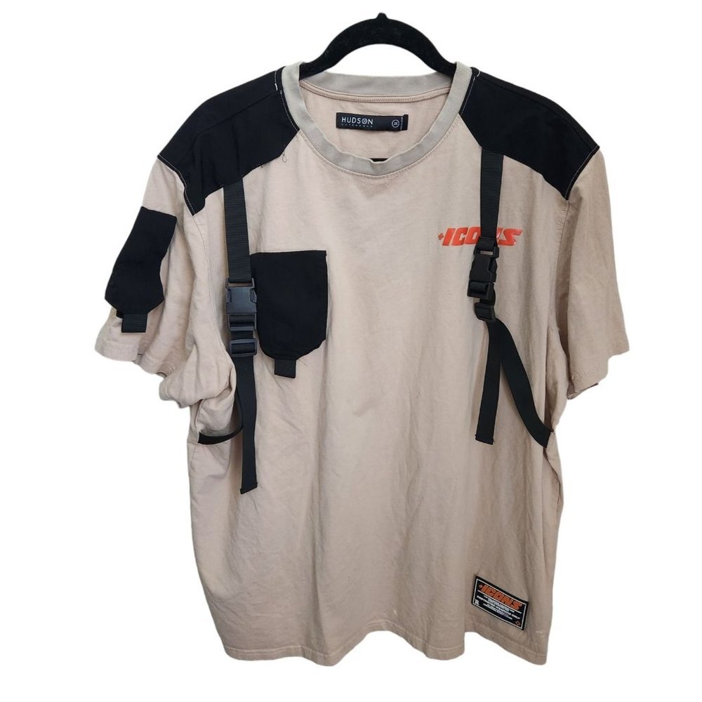 Hudson Icons‎ Shirt Men's 3X XXXL Beige Tactical Woven Straps Buckle Pockets